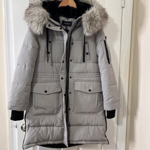 NWT BCBGMaxAzria Gray Faux Fur Hooded Long Parka 14609BM-274 - Small